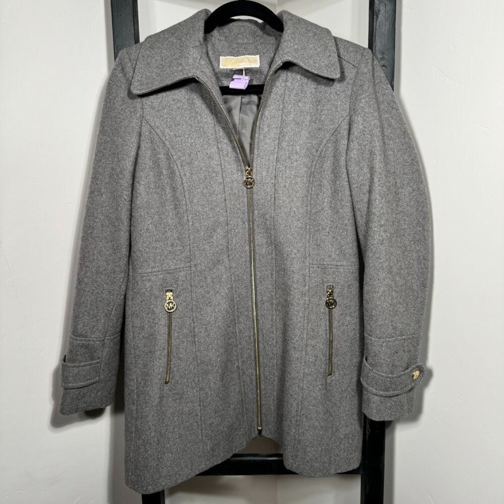 Michael Kors Gray Wool Blend Zip-Up Coat with Gold Hardware
